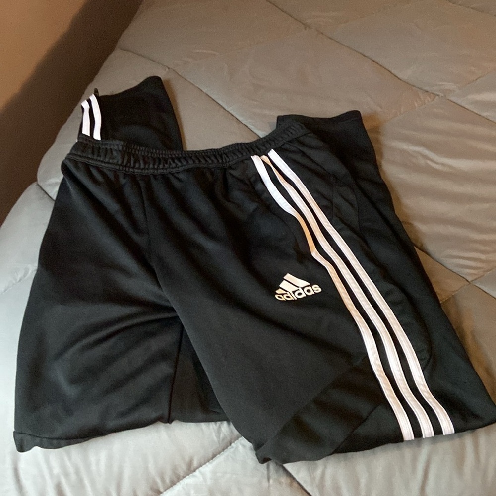 Boys Large Adidas training pants black with white stripes